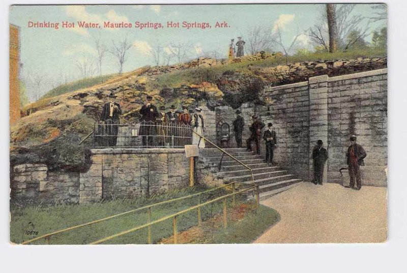 PPC POSTCARD ARKANSAS HOT SPRINGS MAURICE SPRINGS DRINKING HOT WATER LITHO