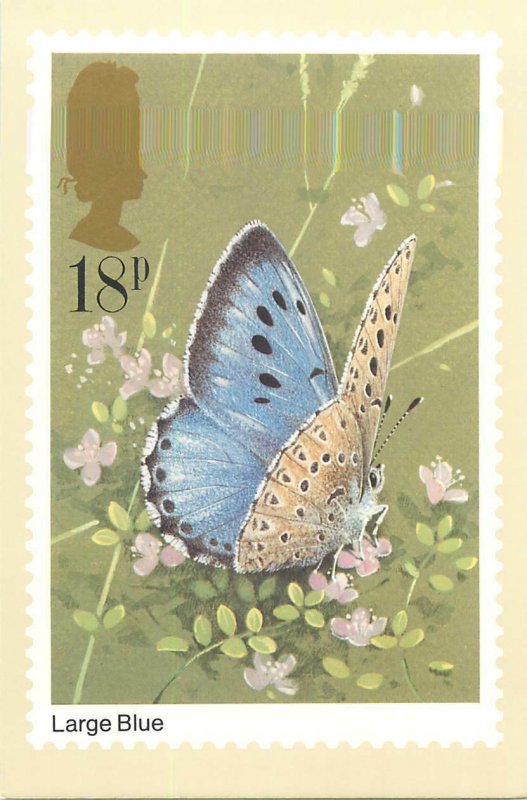 British stamp on Postcard Butterflies Large Blue by Gordon Beningfield