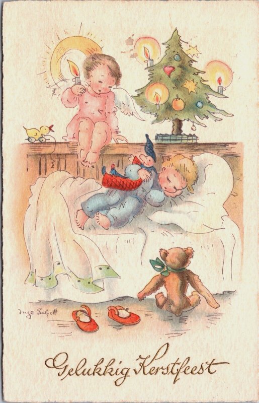 Merry Christmas Boy With Angels And His Toys Postcard C176