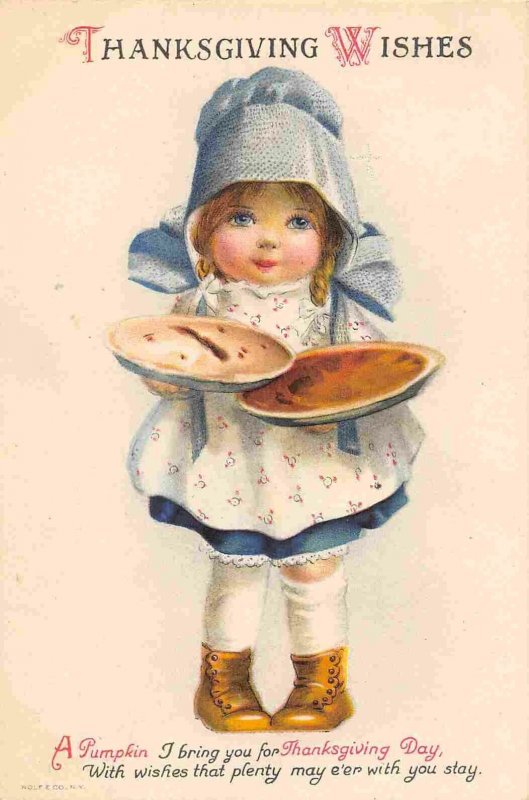 Little Girl Pumpkin Apple Pies Thanksgiving Wishes Greeting 1910c postcard