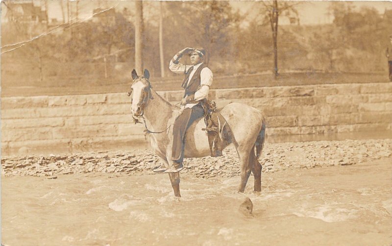 H96/ Native American Indian RPPC Postcard c1910 Scout Horse Feathers 26