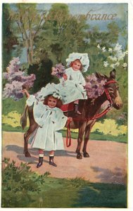 Vintage Postcard With Kind Remembrance Beautiful Girls Riding On A Horse
