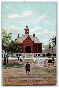 1907 Richards Free Library Entrance Horse Carriage Dirt Road Newport NH Postcard 