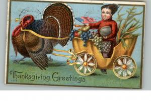 Thanksgiving Turkey Pulling Boy c1910 Postcard