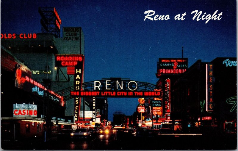 Vtg Nevada NV Reno Arch at Night Virginia Street View Casinos 1950s Postcard