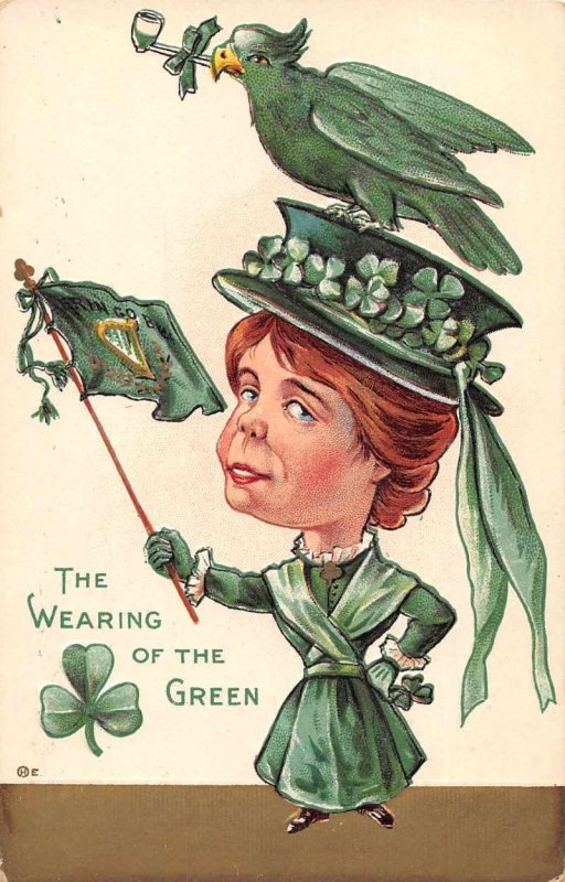 The Wearing of the Green young lady in green shamrock bird antique pc BB1123