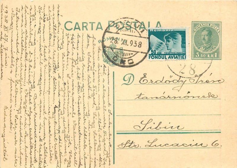 Romania 1938 correspondence Sibiu Transylvania Carol II effigy postal stationery