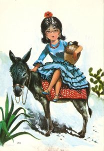 Spanish typical view. Girl with pitcher on a donkeyModern  artist drawn postca