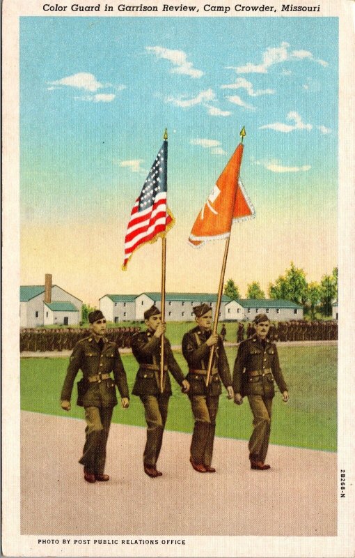 Vtg Color Guard in Garrison Review Camp Crowder Missouri MO 1940s Army Postcard