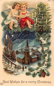 Best Wishes for a merry Christmas young angels candles antique pc Z19481