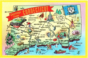 VINTAGE CONTINENTAL SIZE POSTCARD ANIMATED PICTORIAL GREETING MAP OF CONNECTICUT 