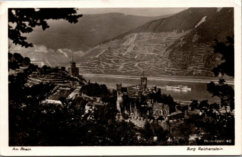 Vtg Burg Reichenstein Castle Rhine River Trechtingshausen Germany RPPC Postcard