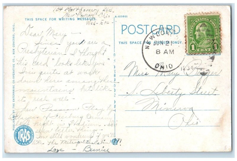 1934 View United Presbyterian Church Muskingum College New Concord OH Postcard