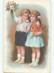 foreign 1920's EUROPEAN KIDS BOTH WITH FLOWERS AC1644