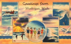 USA Greetings From Muskegon Michigan Linen Postcard 04.05
