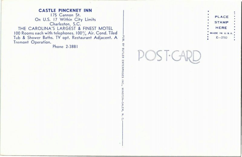 Castle Pinckney Inn, Cannon Street U.S. 17 Charleston SC Vintage Postcard A59