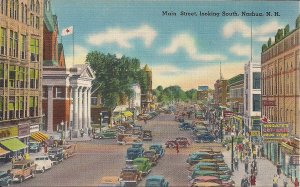 Nashua NH, Main Street View, 1930's, Shops, Signs, Old Cars, Red Cross, Linen PC