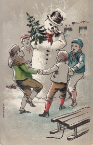 Embossed 1900s pipe smoking humanized snowman postcard children round dance