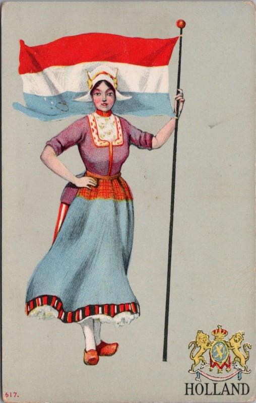 Holland Woman with National Flag Unused Antique Postcard E22