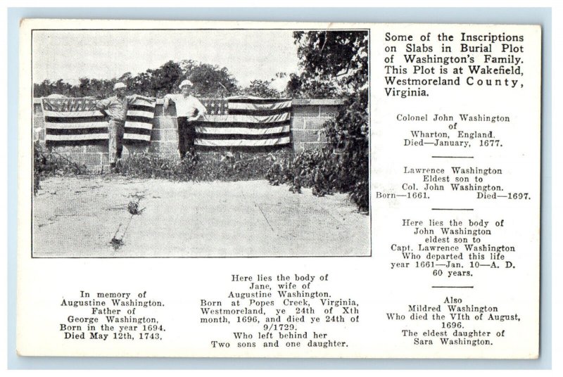 c1940s Washington Family Burial Plots, Wakefield Virginia VA Postcard