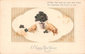 New Year Greetings Pigs and Clovers Vintage Postcard AA50654