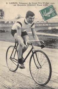 Lignon, Vainqueur de Grand Prix Wolber 1909 Sur Bicyclette Peugeut Pncus Lion...