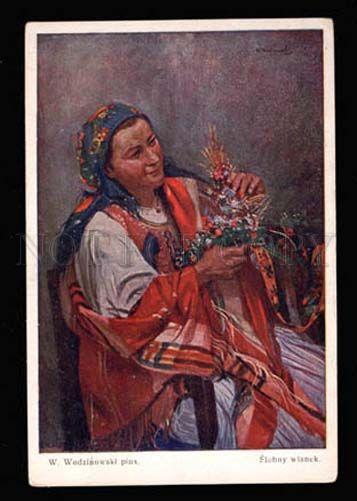 022536 POLISH girl w/ flowers by Wodzinowski Vintage PC