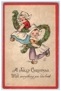 c1910's Jolly Christmas Dutch Girls Holly Berries Unposted Antique Postcard