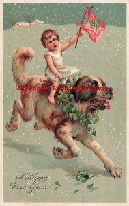 New Year, PFB No 7978-1, Child Waving Four Leaf Clover Flag Riding Large Dog