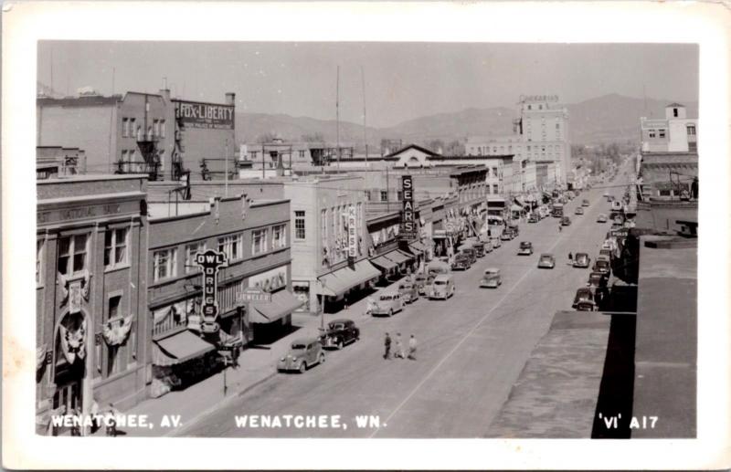 Wenatchee Ave Wenatchee WA Washington Owl Drugs Kress Sears RPPC Postcard E22