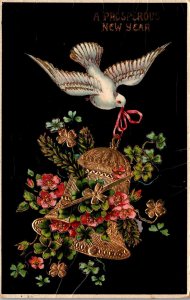 New Year With White Dove Flying With Gold Bell