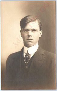 c1910s Muncie, Ind Handsome Young Man RPPC Glasses Real Photo PC Name Glenn A122