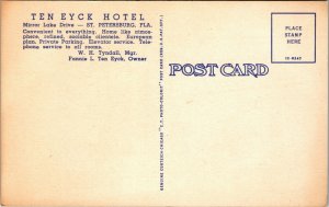 RARE Vintage Ten Eyck Hotel Mirror Lake Drive St. Petersburg Florida POSTCARD