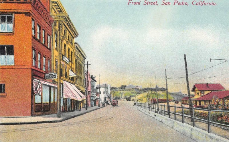 Front Street, San Pedro, California Street Scene ca 1910s Vintage Postcard