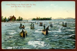 dc1402 - SAULT STE. MARIE Ontario Postcard 1910s Indians Fishing in the Rapids