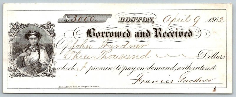 1862  Authentic Civil War Era  Boston Massachusetts Receipt     7 x 2.5