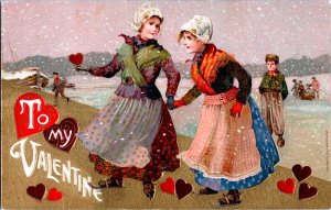 Vintage Winsch Schmucker Valentines Antique Postcard (Girl Couple in Love)