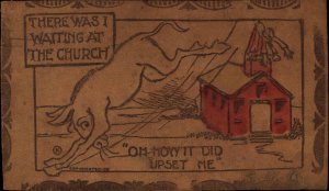 Donkey Kicks Man Late for Church Real Leather c1910 Vintage Postcard
