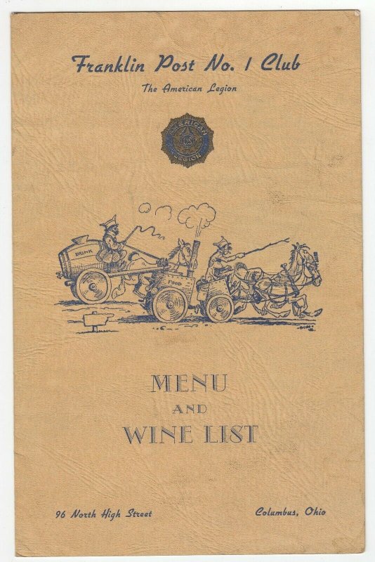 1930s Columbus Ohio Franklin Post Club American Legion Menu & Wine List Military