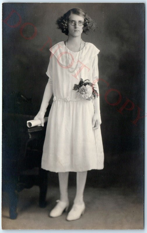 c1920s Stereotype Nerd Young Girl RPPC Buck Teeth Glasses Confirmation Geek A141