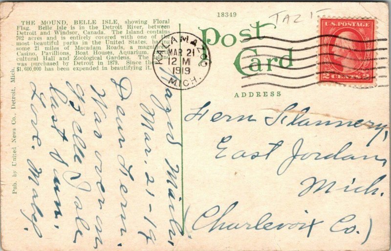 VTG Postcard Cedar Mound Floral Flag Belle Isle Detroit Mich 1919 Kalamazoo 153