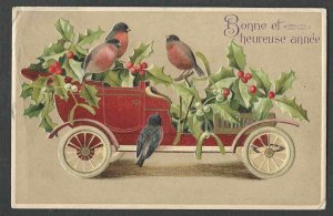 DATE 1908 PPC* VINTAGE BONNE ET HEUREUSE ANNEE W/CAR&BIRDS MULTI COLOR EMBOSSED