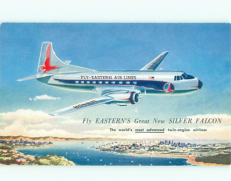 1950's Postcard Ad EASTERN AIRLINES SILVER FALCON AIRPLANE AC6327