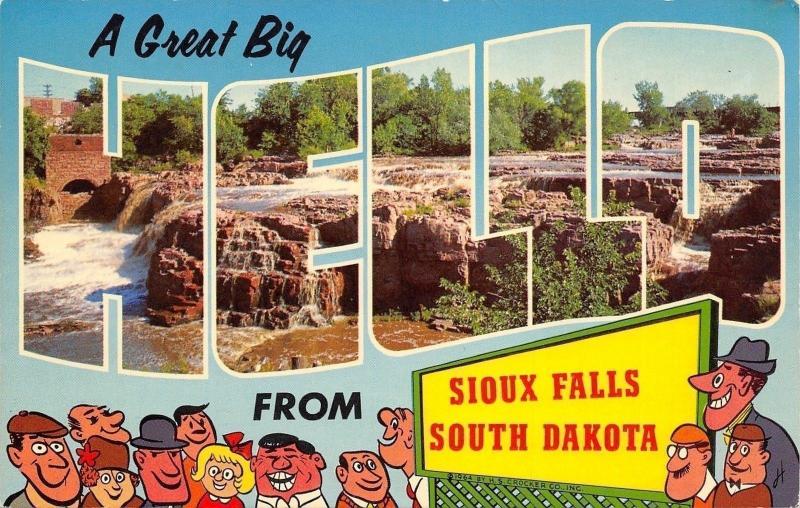 Sioux Falls South Dakota~Great Big Large Letter Hello~Cartoon People~1950s PC