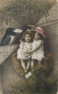 Swallow bird nest charming girls surrealism unit of 2 vintage fantasy postcards 