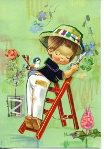 Little boy cutting the flowers Modern Spanish, artist signed, postcard
