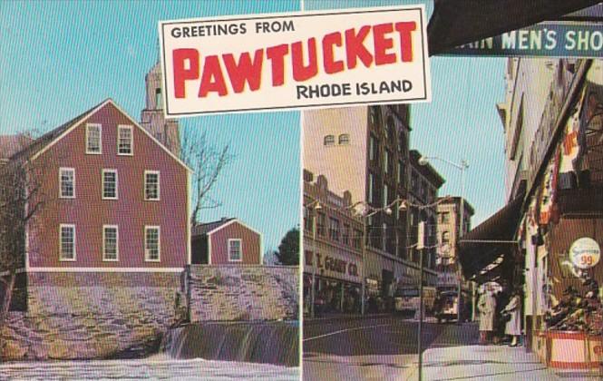 Rhode Island Greetings From Pawtucket Showing Main Street and Old Slater Mill