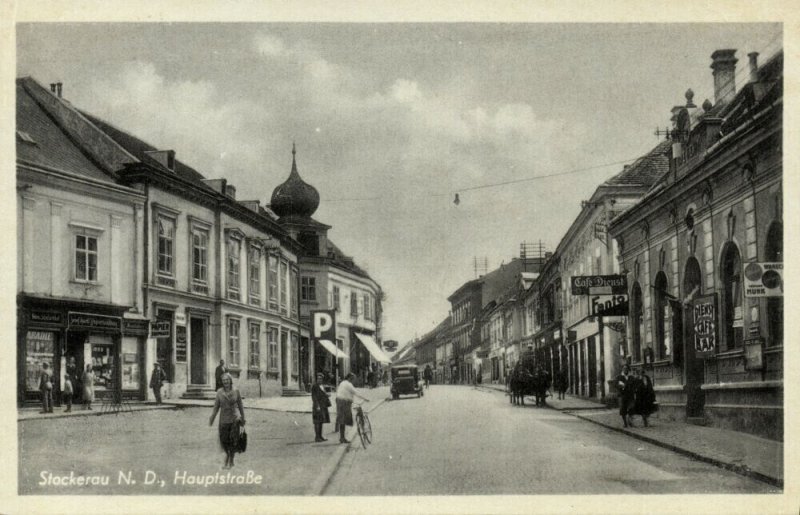 austria, STOCKERAU, Main Street with Café Dienst, Horse Cart (1930s) Postcard