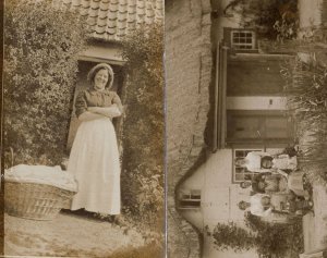 Cottage Owner Laughing With Old Washing Basket WW1 2x Real Photo Postcard