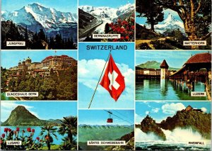 VINTAGE CONTINENTAL SIZE POSTCARD SWITZERLAND MULTIVIEWS INTERESTING REAR LABEL